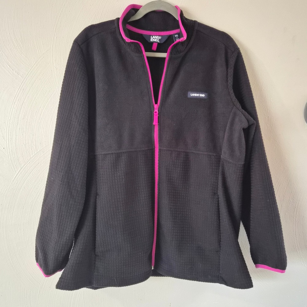 Lands End Womens XXL Black Gray Grid Fleece Full Zip Jacket Pink Trim Gorpcore